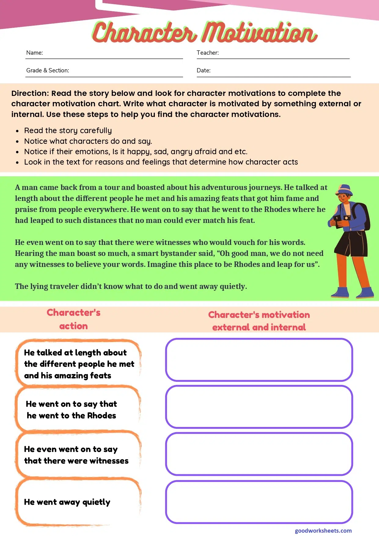 Character Motivation Worksheets with Answer Key