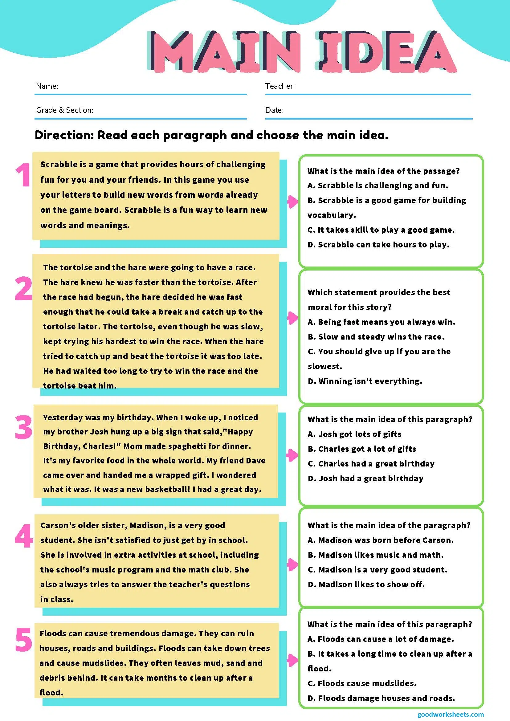Main Idea Worksheets Multiple Choice with Answer Key