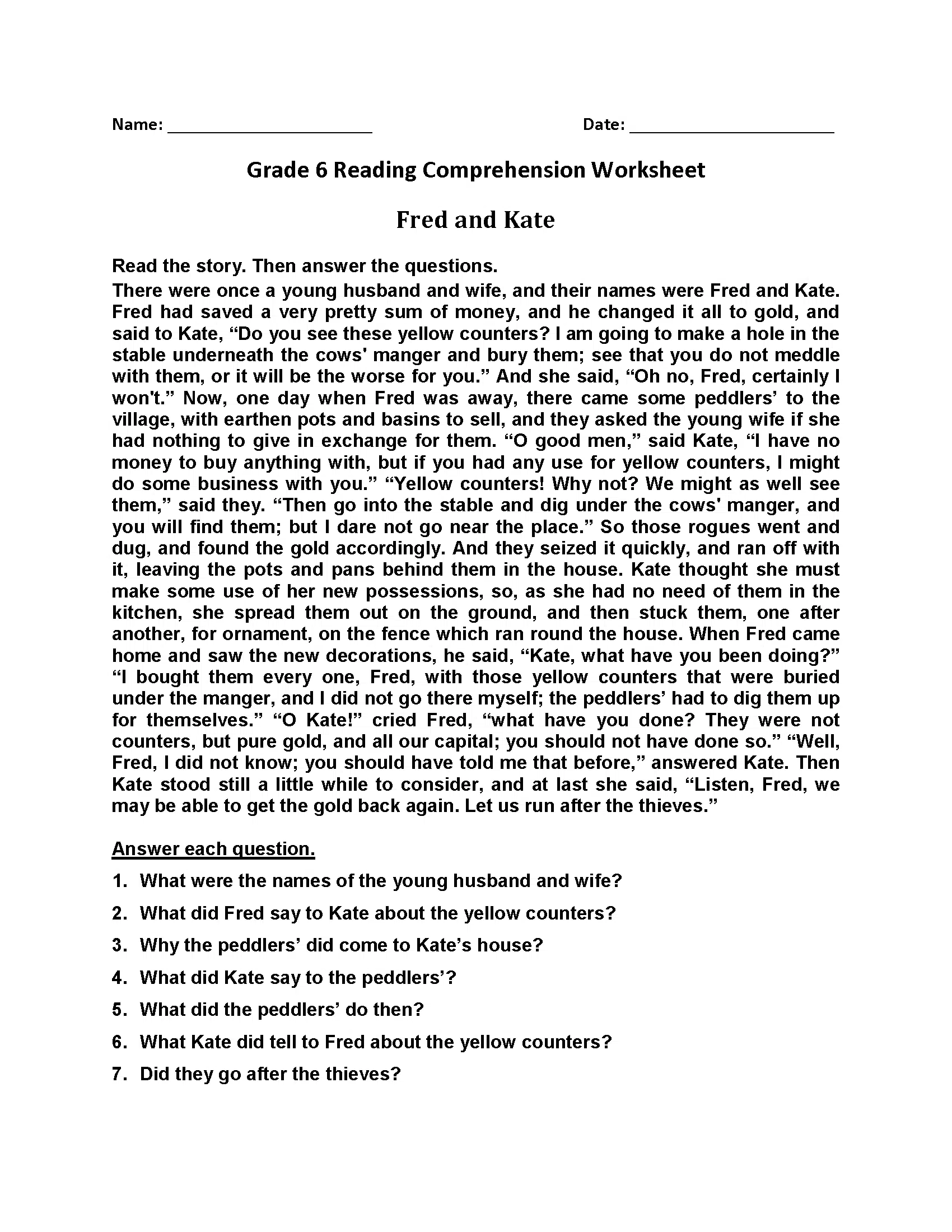 Fred And Kate Reading Comprehension Lesson Plan 6th Grade Fred And Kate Reading Comprehension Lesson Plan 6th Grade