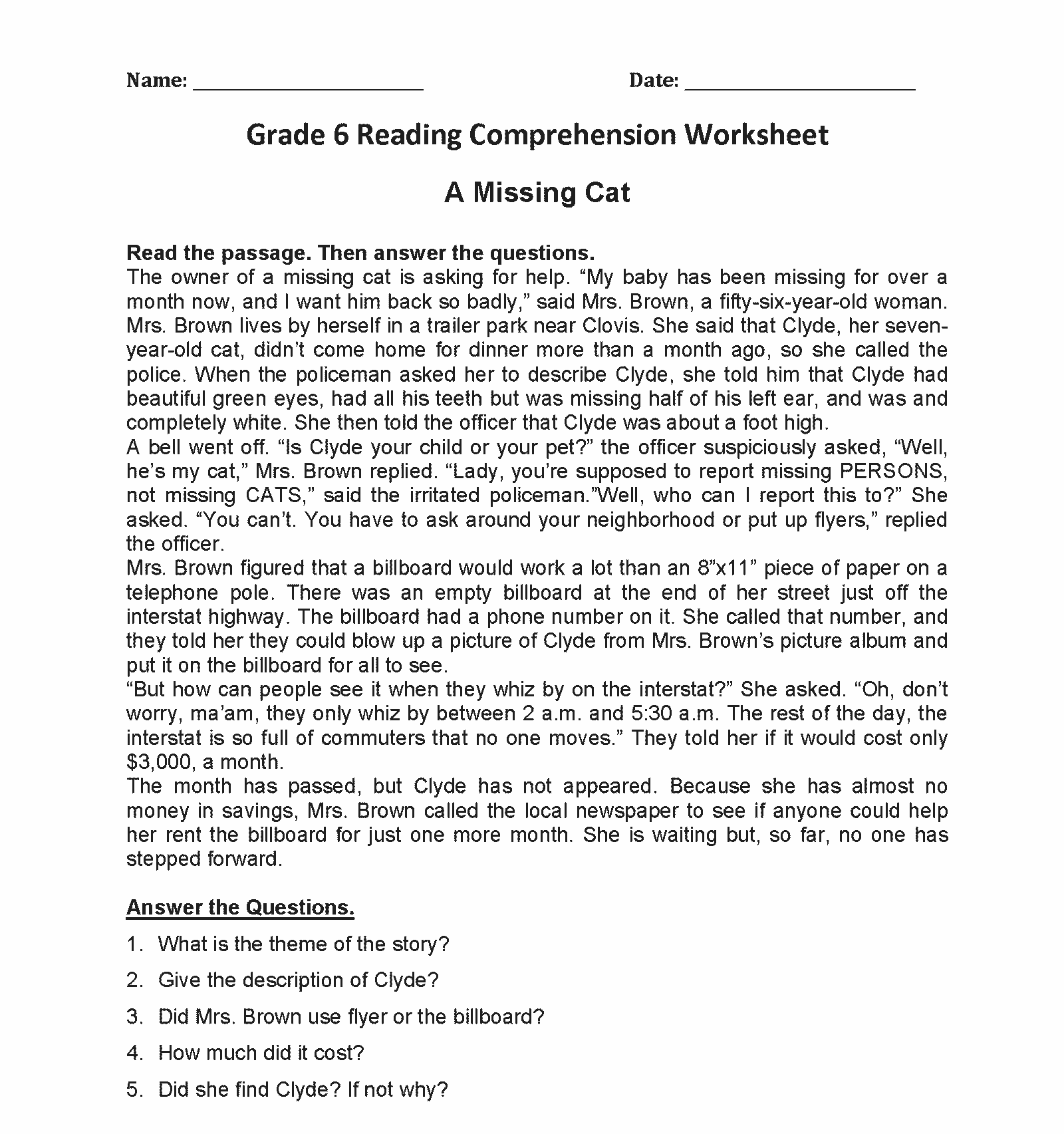 Missing Cat Filler Text 6th Grade Reading Comprehension Worksheets Missing Cat Filler Text 6th Grade Reading Comprehension Worksheets