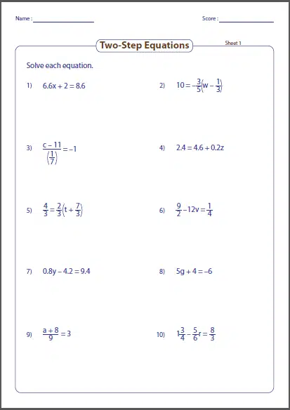 Printable Two Step Equations Worksheets