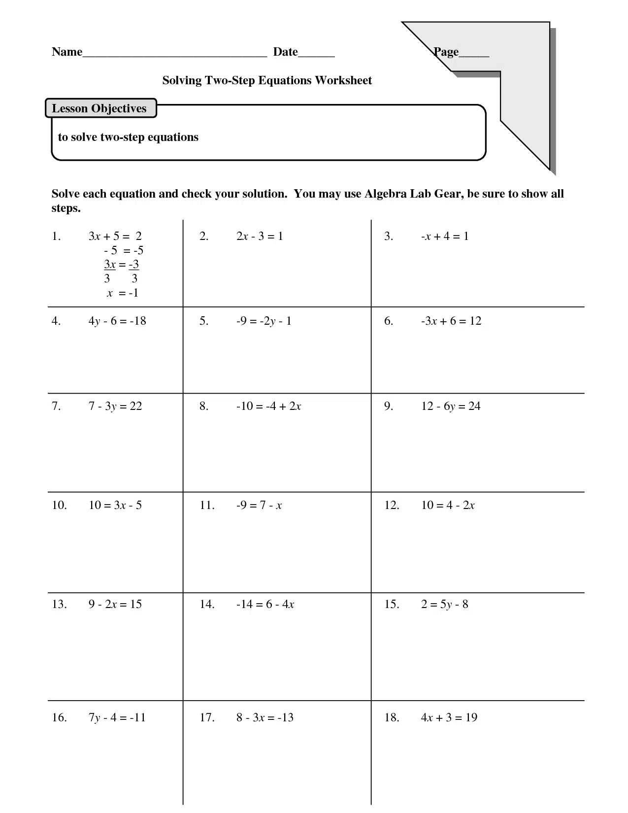 Solving Two Step Equations Worksheets