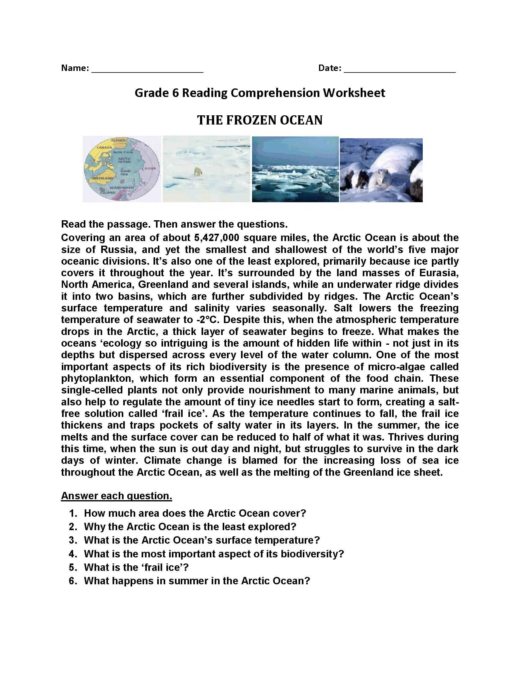 The Frozen Ocean Reading Comprehension The Frozen Ocean Reading Comprehension