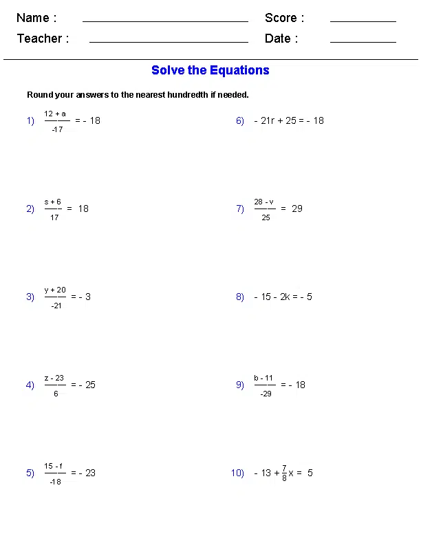 Two Step Equations Worksheet