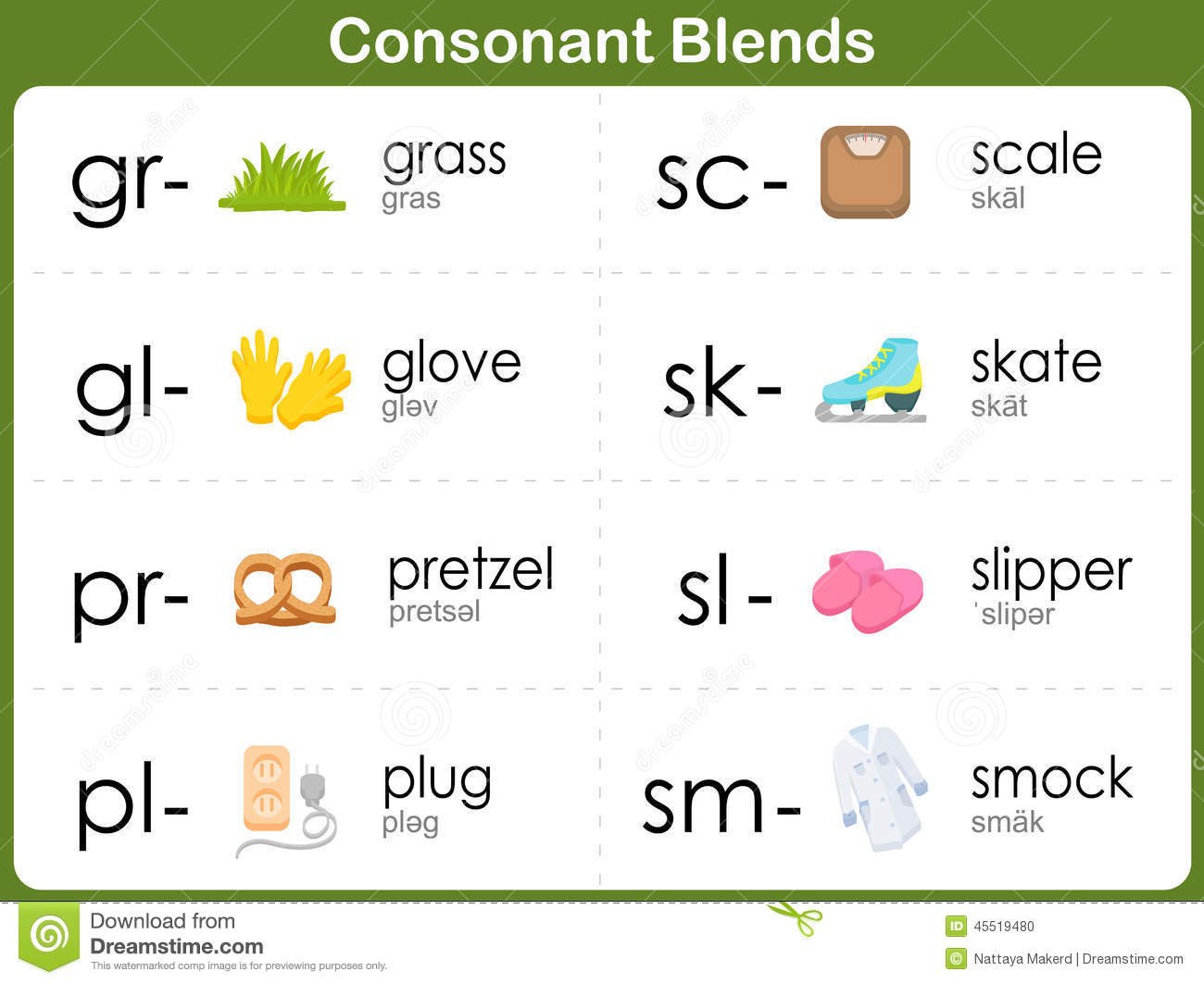 Consonant Blends Worksheet For Kids Stock Vector