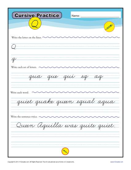 Cursive Writing: Letter Q Worksheets