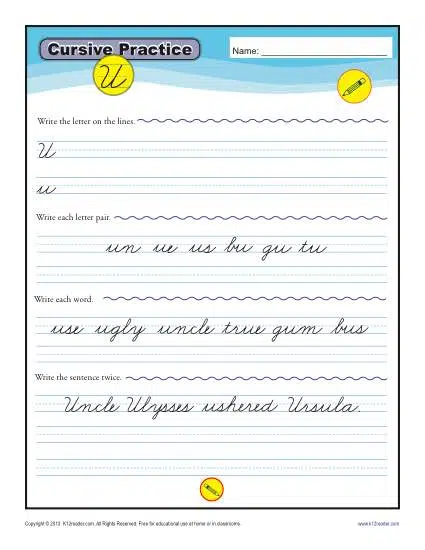 Printable Cursive Writing: Letter U Worksheets GoodWorksheets
