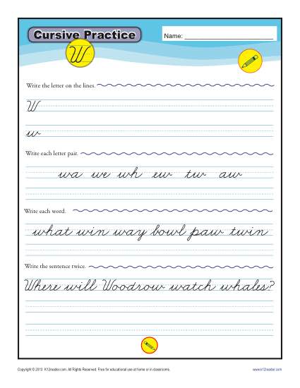 Cursive Words Starting With W Worksheets