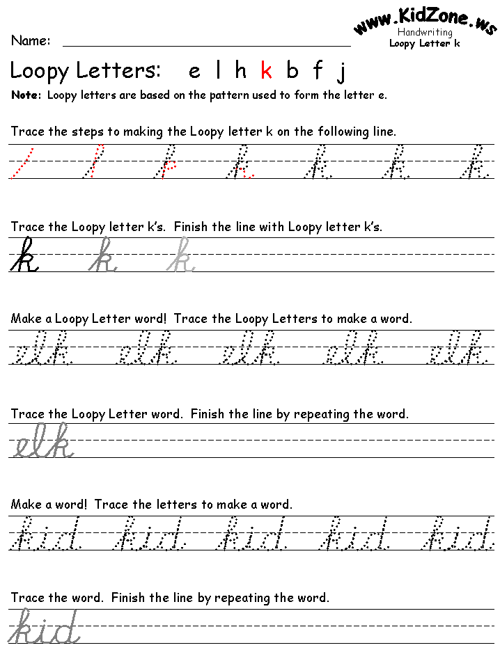 Cursive Writing: Letter K Worksheets