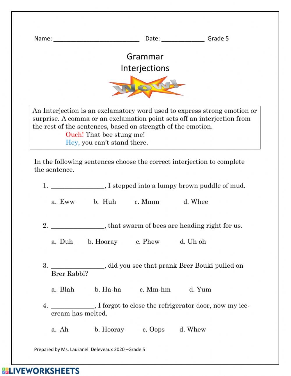Interjections Worksheet