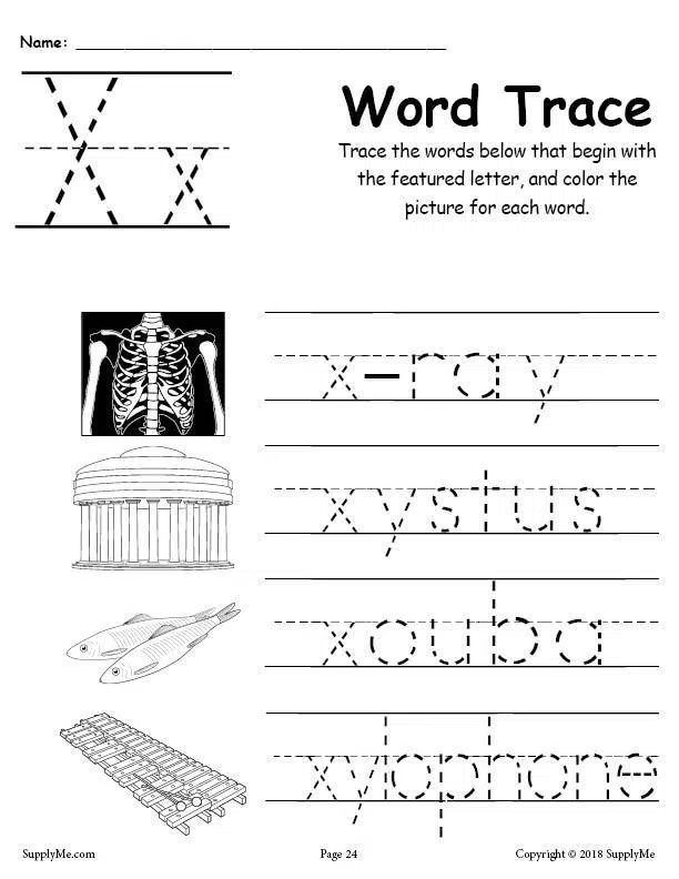 Cursive Words Starting With X Worksheets
