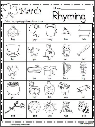Rhyming worksheets using pictures for preschool and kindergarten