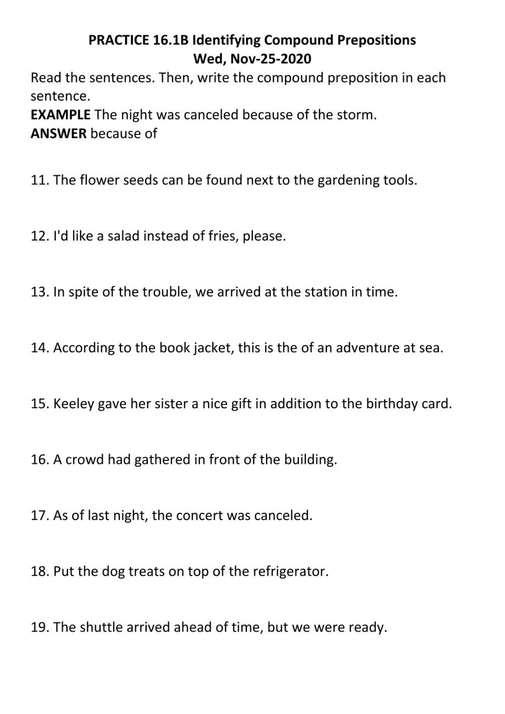 Practice B Identifying Compound Prepositions Worksheet