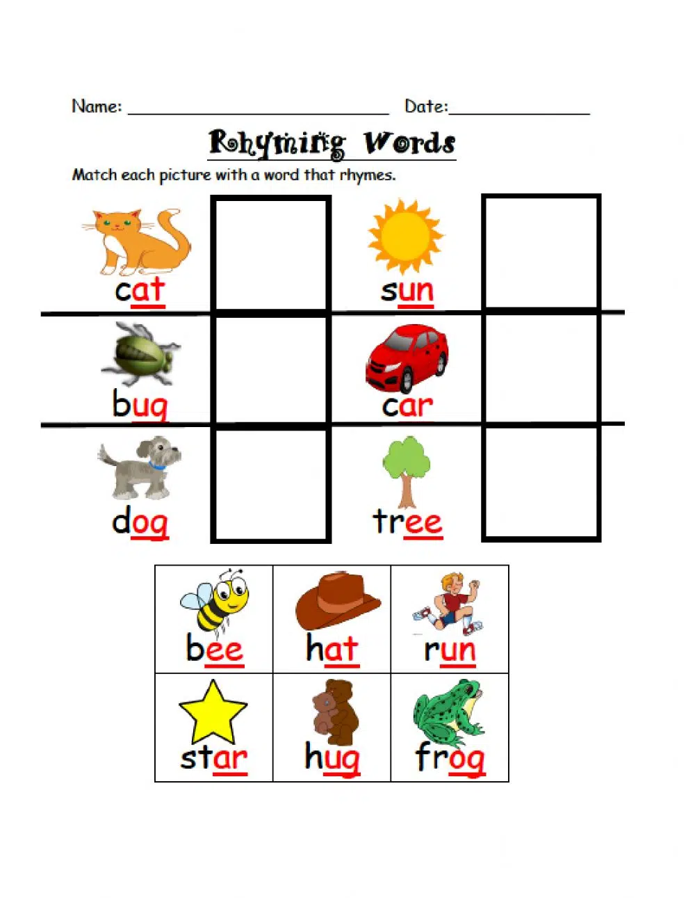 Matching rhyming words worksheet for kindergarten