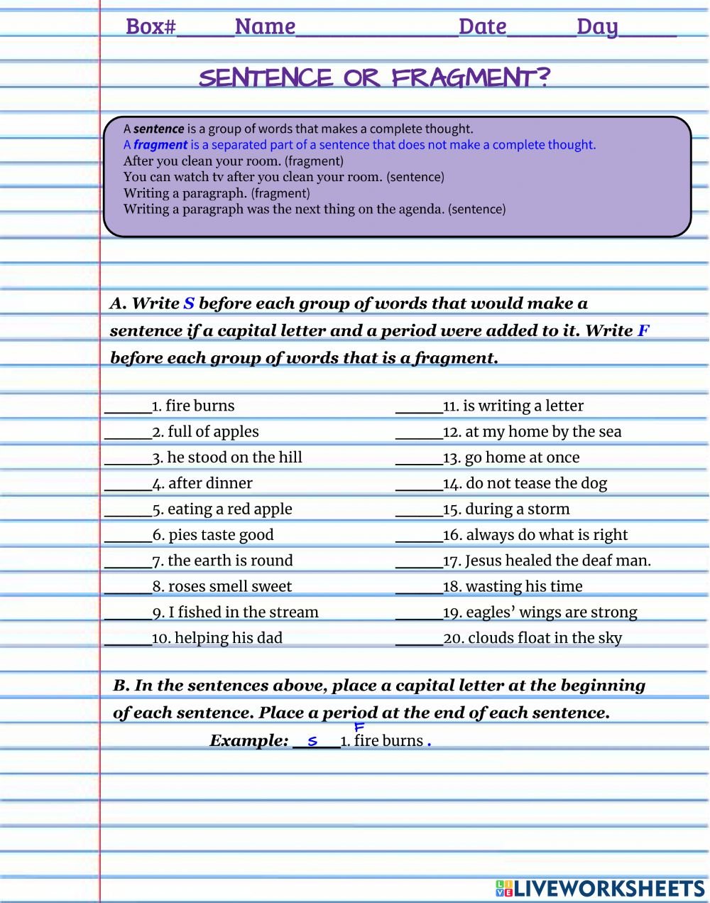 Sentence Or Fragment Worksheet