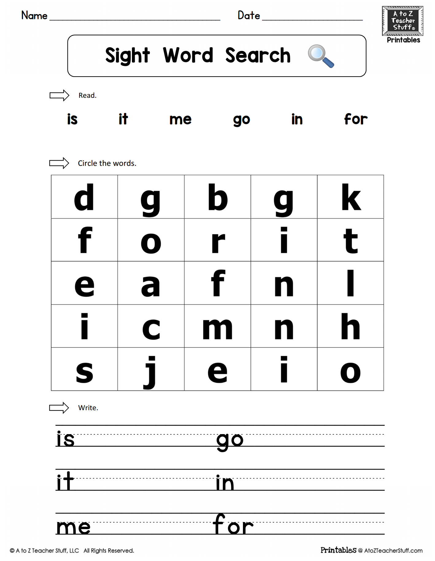 Sight Words Practice Word Search Is It Me Go In For