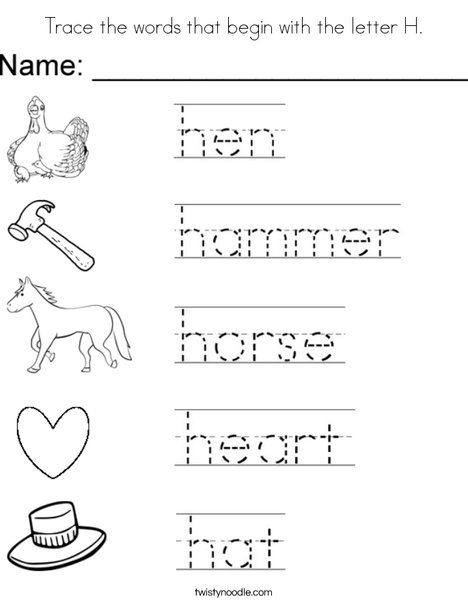 Trace The Words That Begin With The Letter H Coloring Page