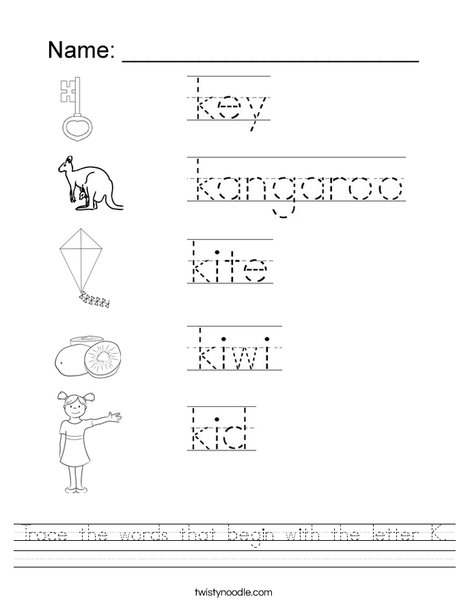 Trace The Words That Begin With The Letter K Worksheet