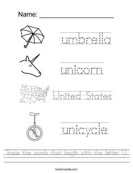Trace The Words That Begin With The Letter U Worksheet