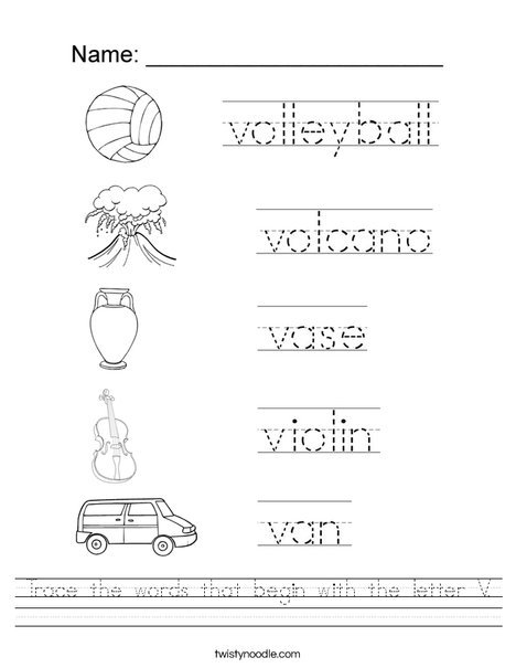 Trace The Words That Begin With The Letter V Worksheet