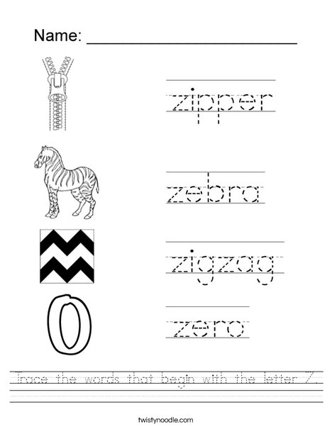 Trace The Words That Begin With The Letter Z Worksheet