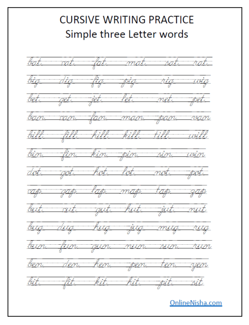 Three Letter Words Cursive Writing Worksheets