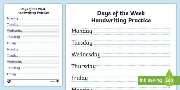 Days Of The Week Handwriting Practice Sheets
