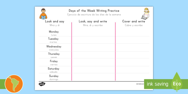 Days Of The Week Writing Practice