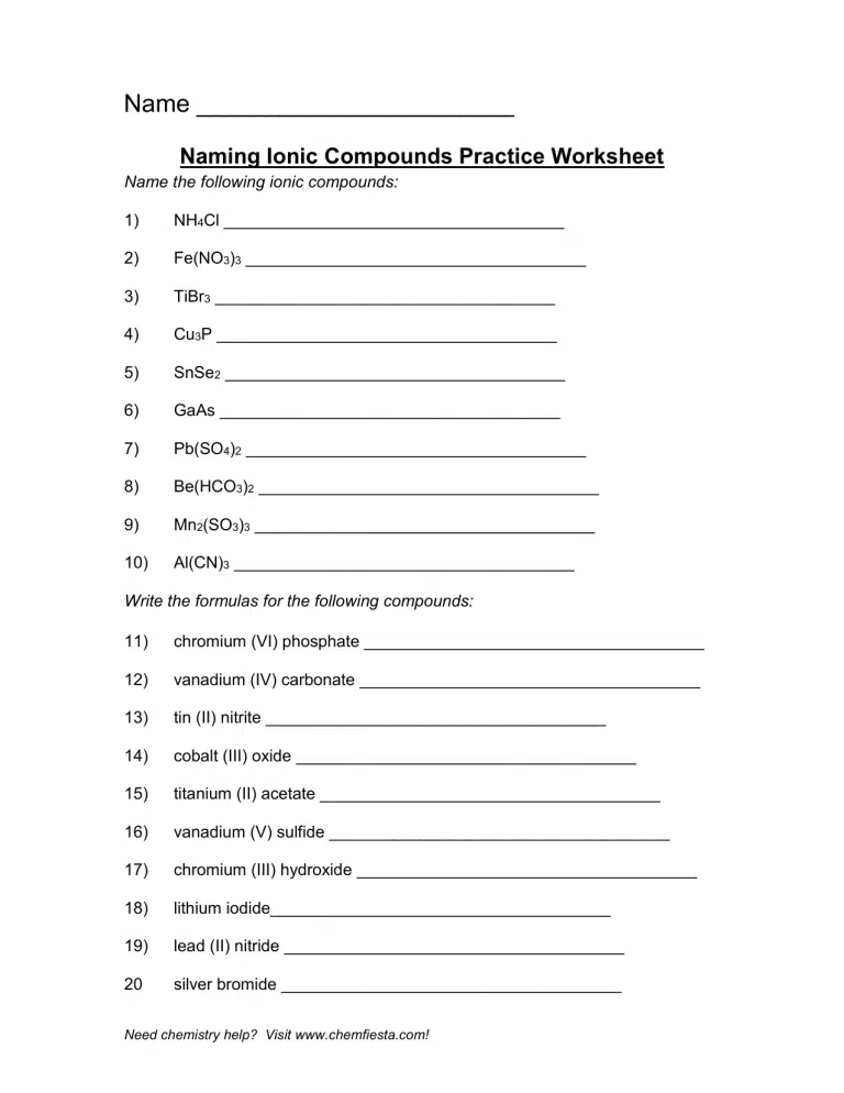 Naming Ionic Compounds Practice Worksheets