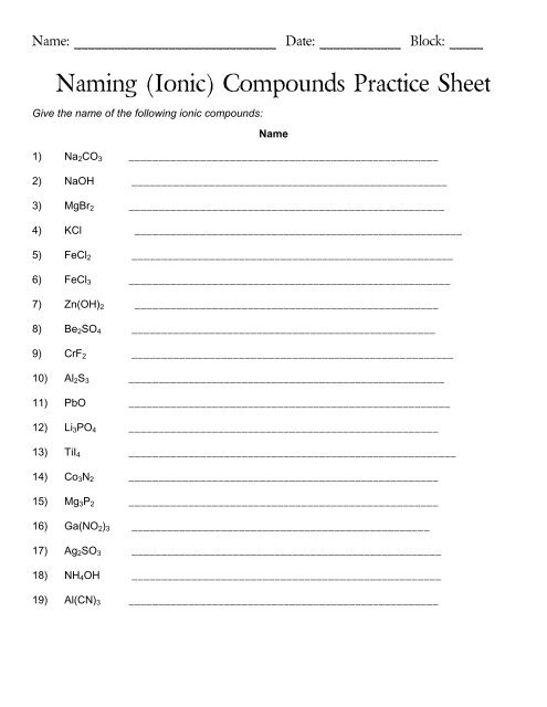 Naming Ionic Compounds Practice Sheet