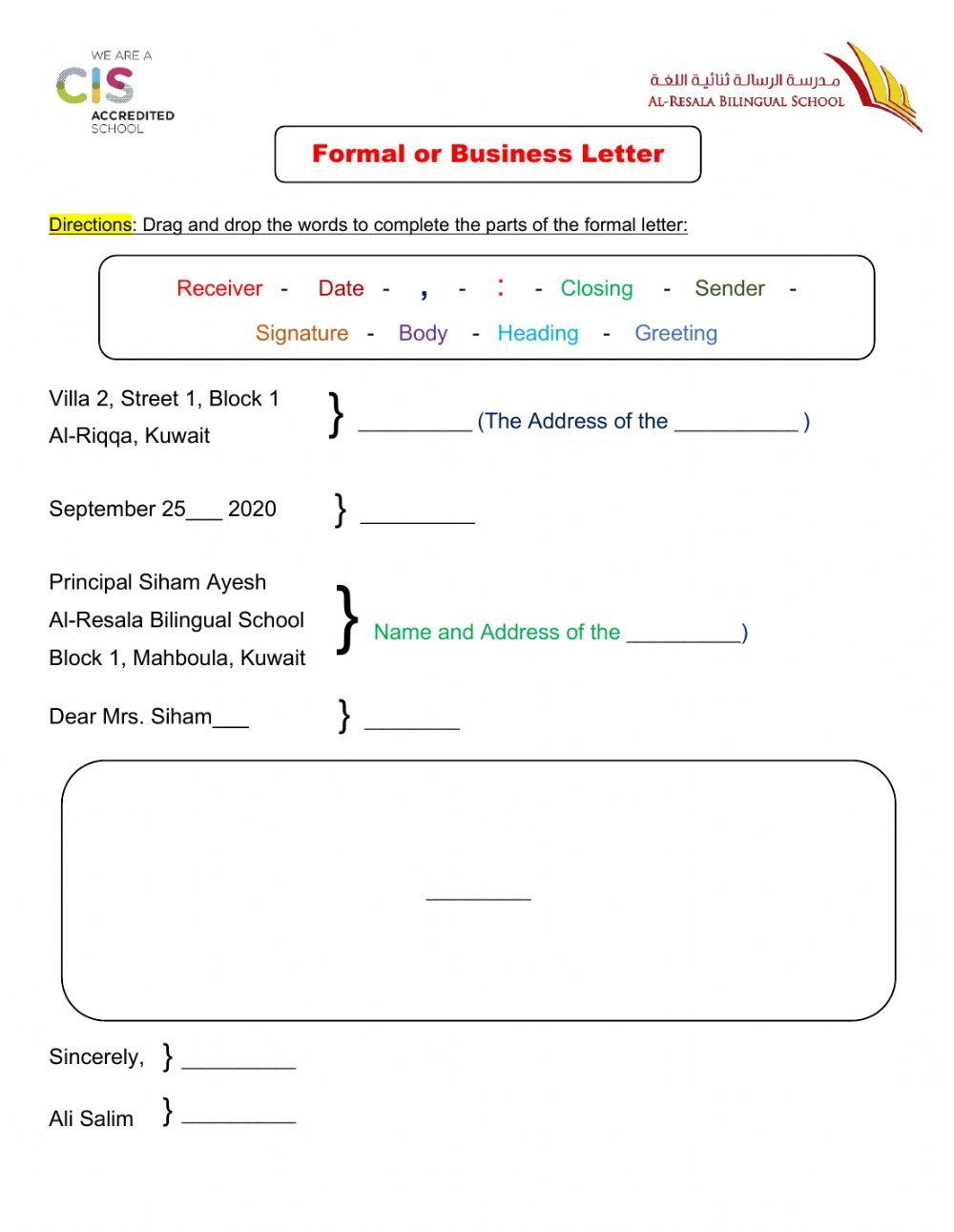 Parts Of Formal Letter Worksheet
