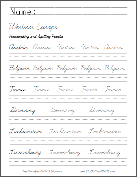 Western Europe Handwriting Practice Worksheets