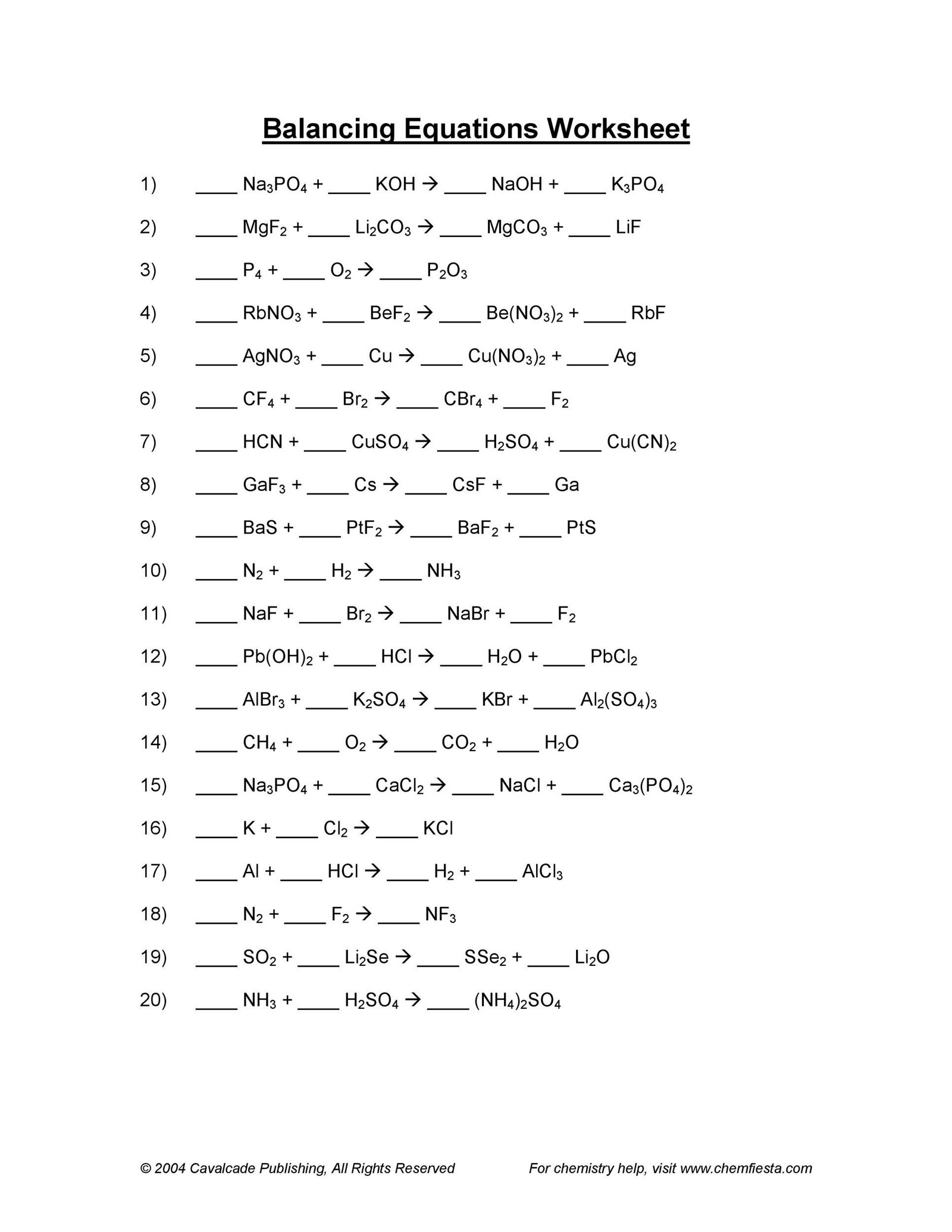 Balancing Chemical Equations Worksheets With Answers