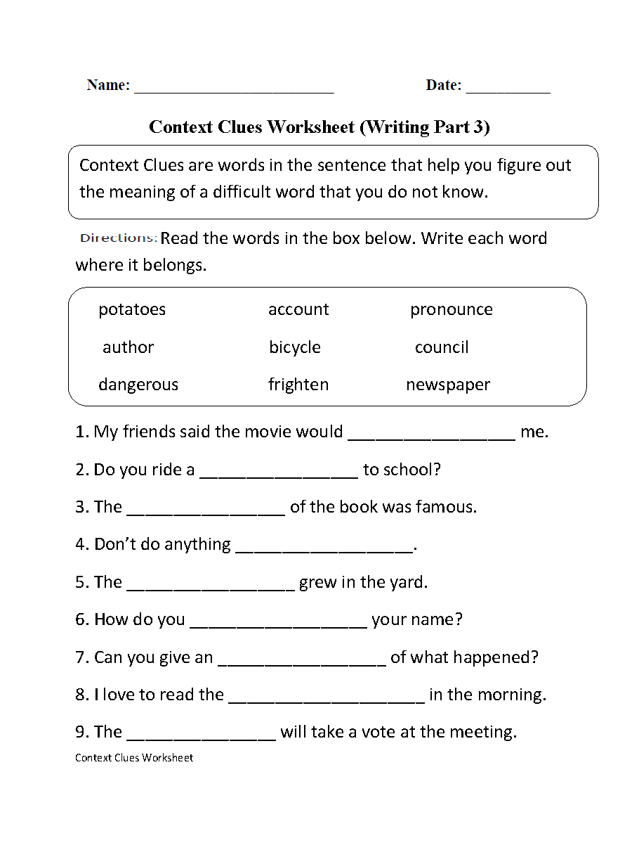 Context Clues Worksheets
