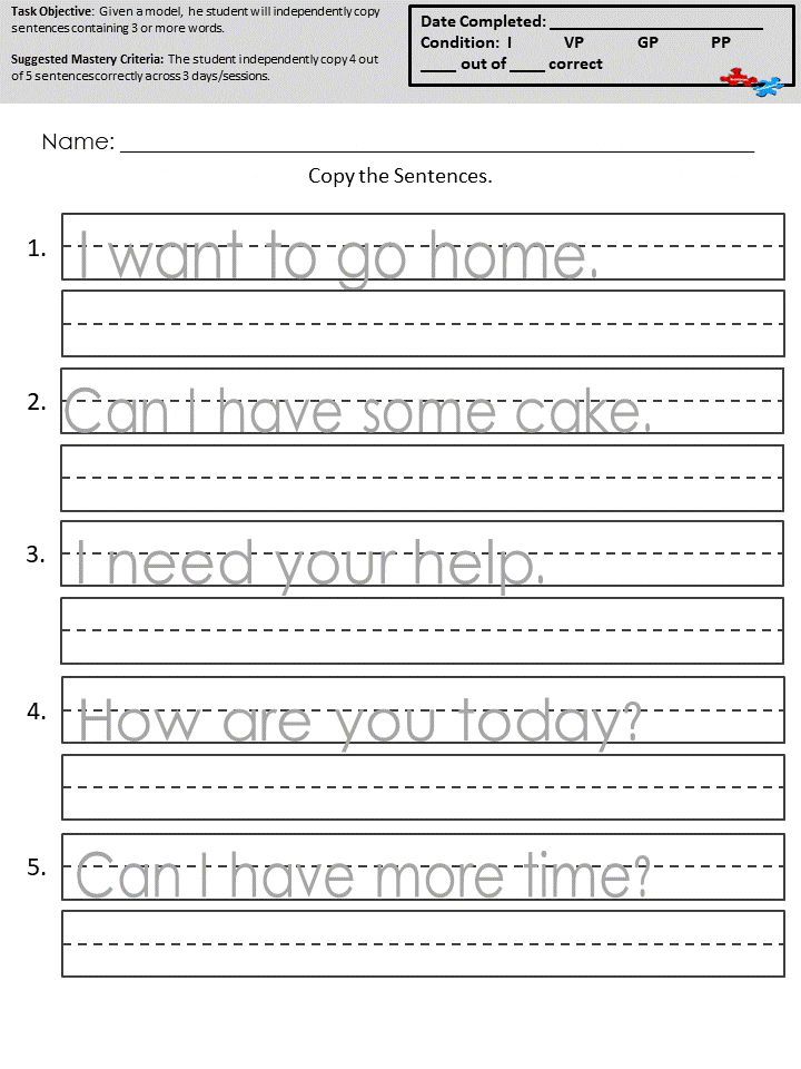 Copying Sentences Worksheets