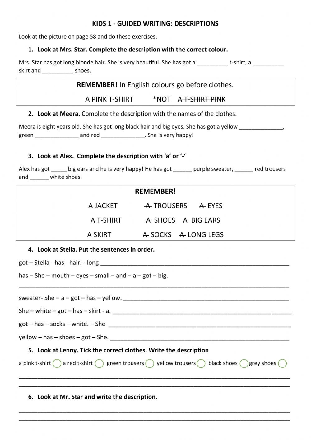 Guided Writing Description Worksheet