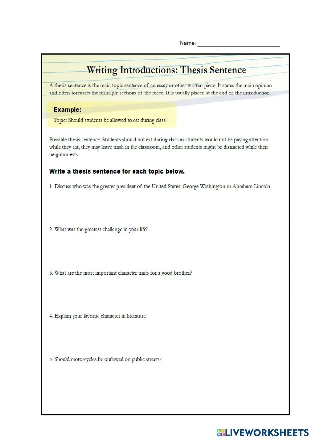 Writing A Thesis Statement Worksheets