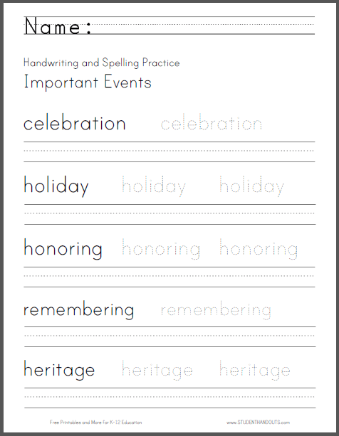 Important Events Handwriting Worksheet