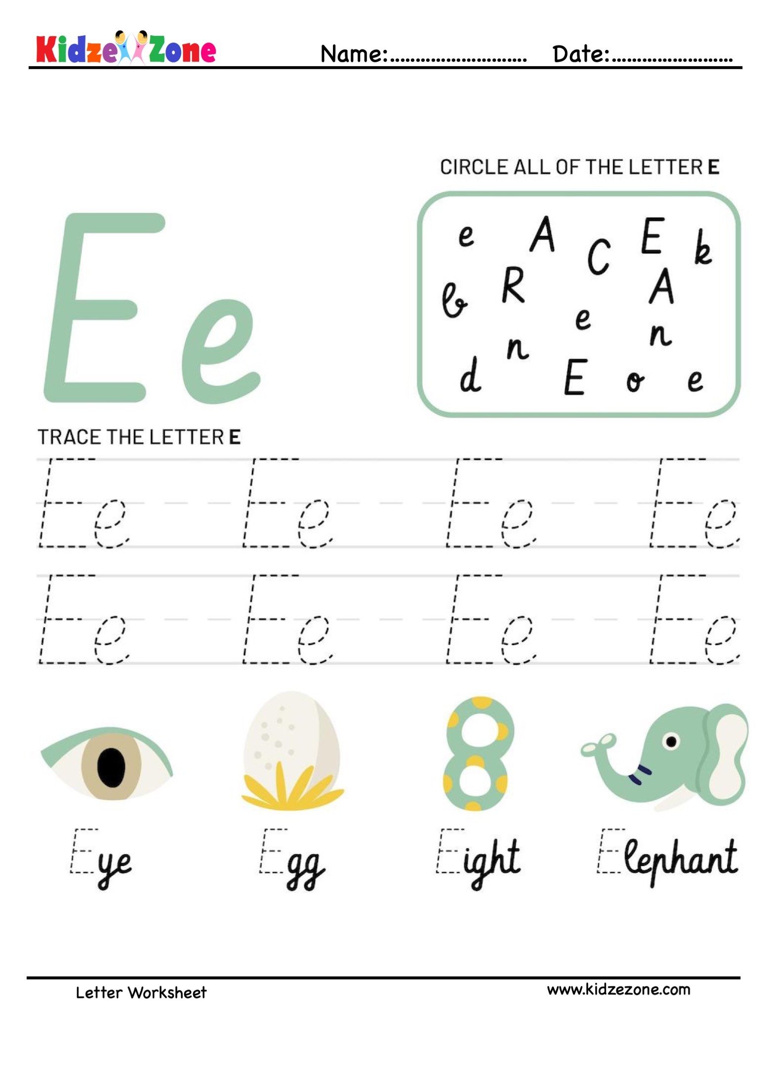 Letter E Tracing And Fun Worksheet