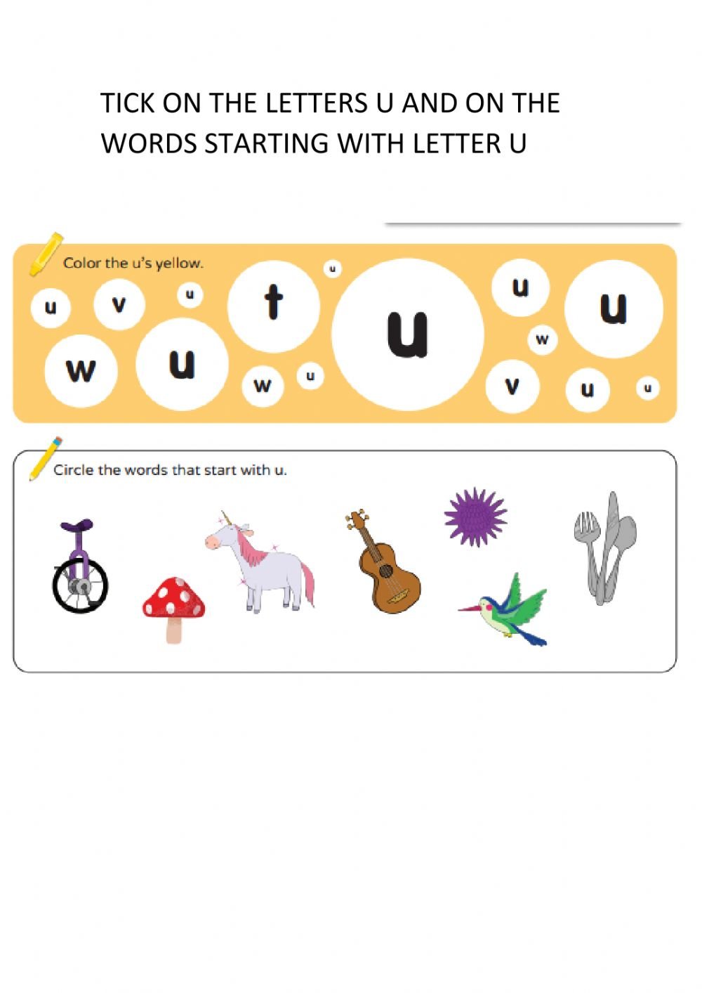 Letter U Recognition And Words With The Letter Worksheet