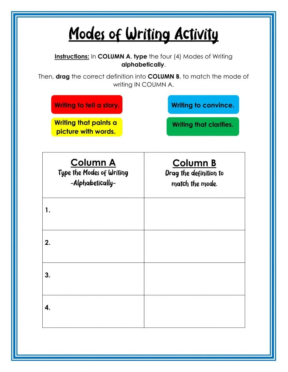 Modes Of Writing Worksheet