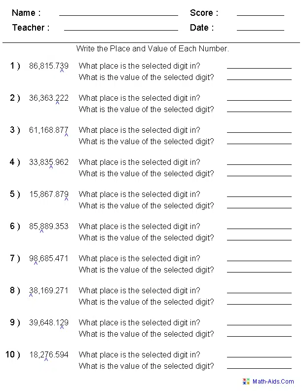 Reading And Writing Decimals Worksheets