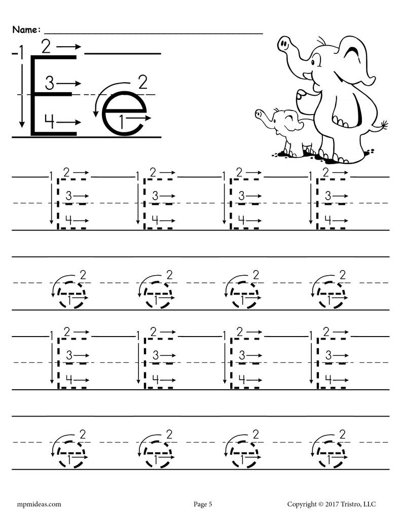 Printable Letter E Tracing Worksheet With Number And Arrow Guides