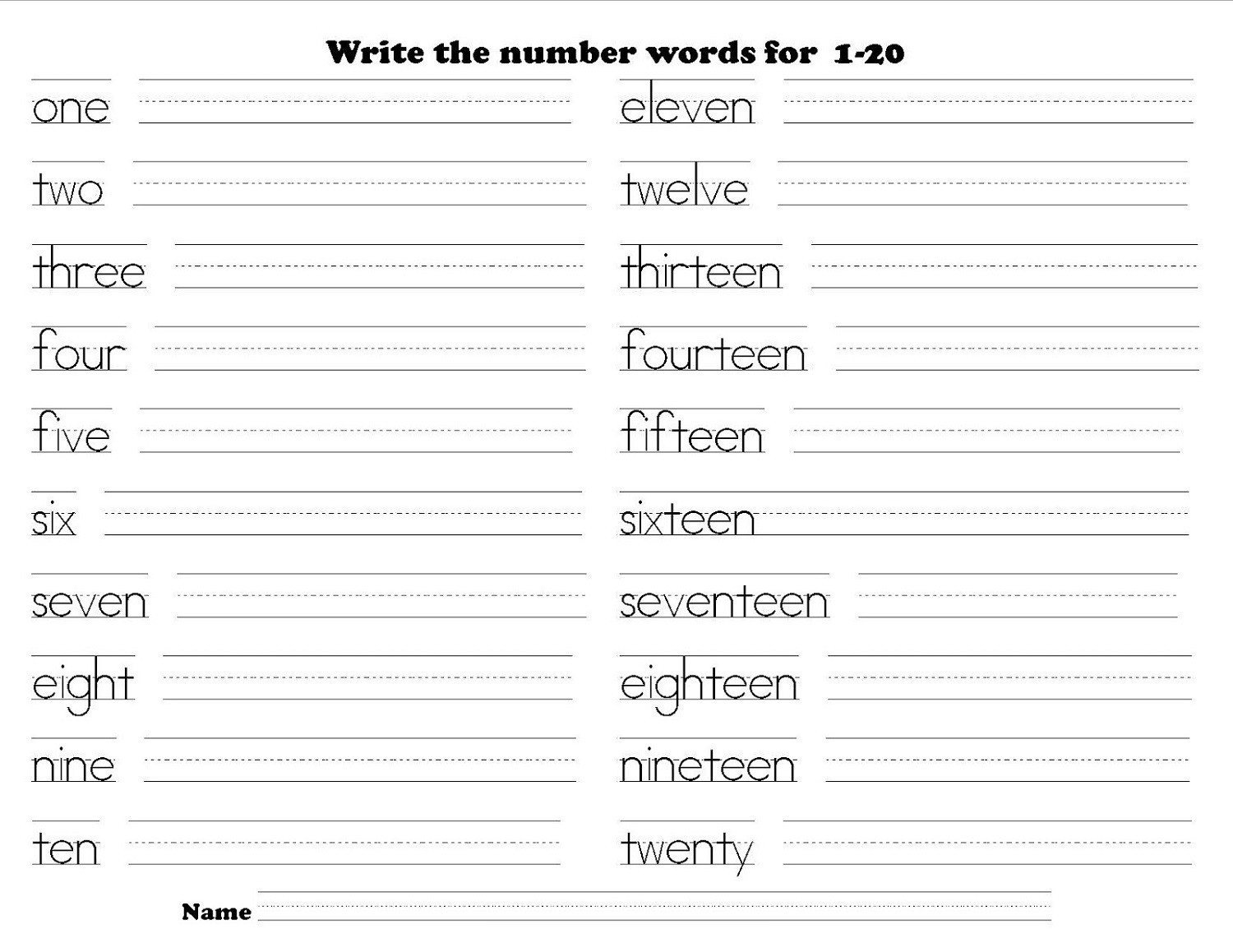 Printable Number Names Worksheets