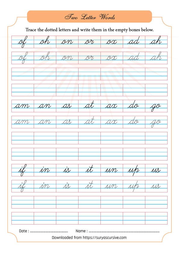 Cursive Writing Two Letter Words Worksheets