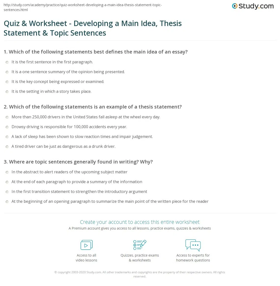 Thesis Statement And Topic Sentence Worksheets