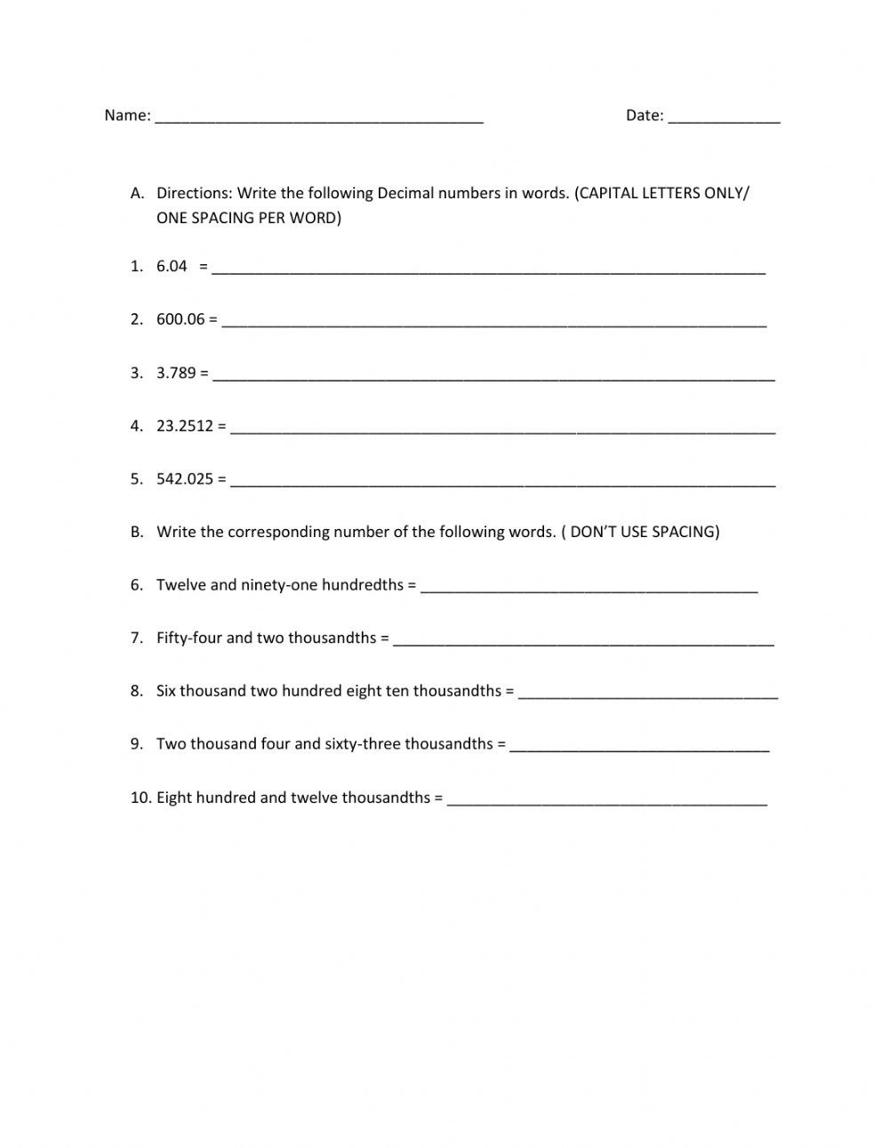Reading And Writing Decimals Worksheet