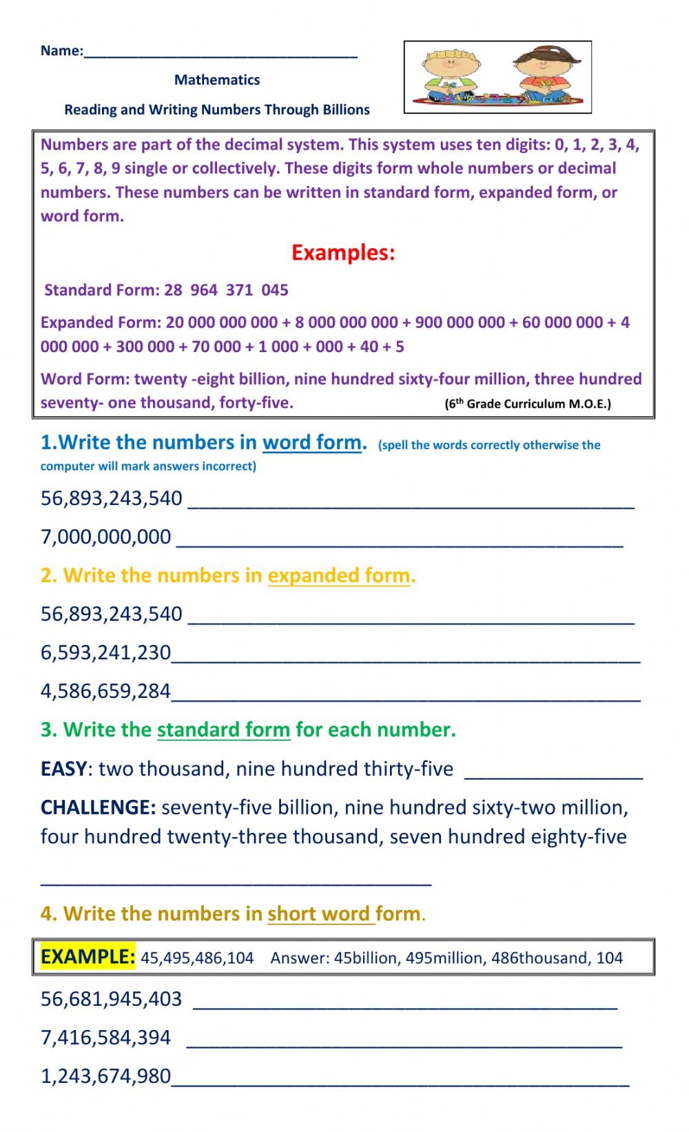 Reading And Writing Numbers Through Billions Worksheet