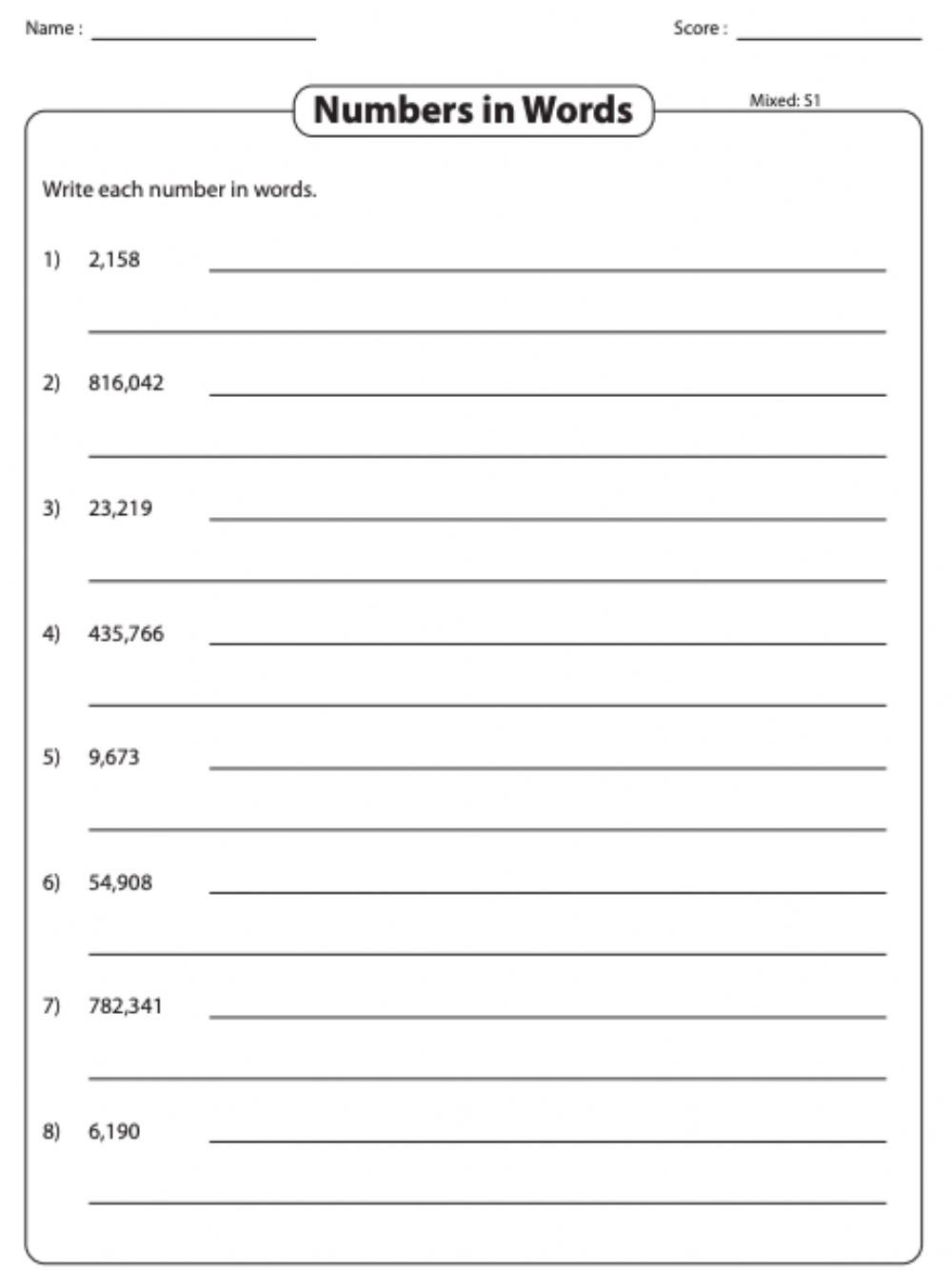 Reading And Writing Numbers Worksheet