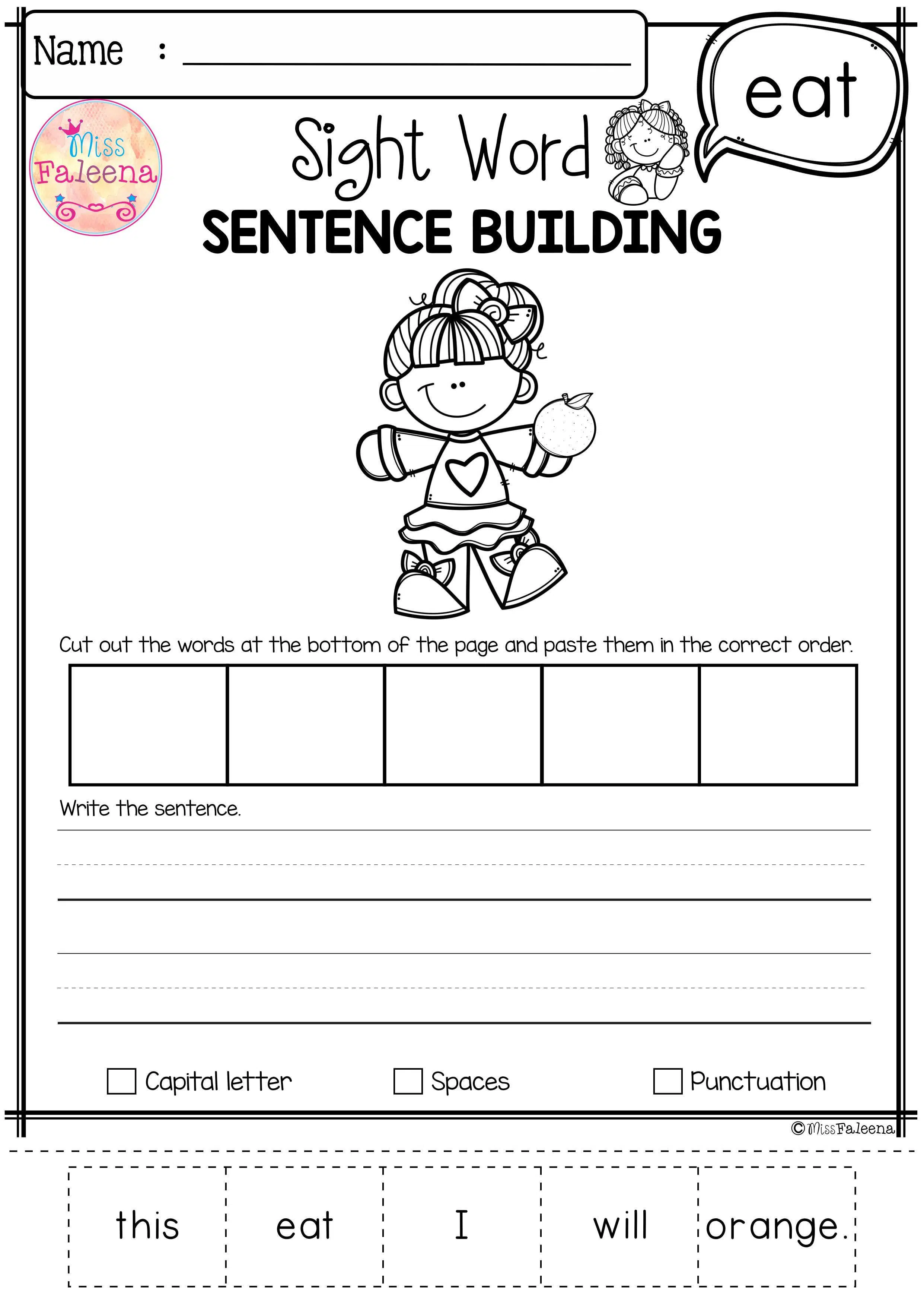Sentence Building Worksheets For Kindergarten